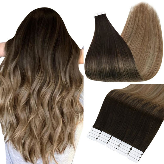 Picture of Full Shine Seamless Tape in Hair Extensions 20 Inch Full Head Remy Tape on Hair Shine Invisible Hair Extensions Color 2 Darkest Brown Fading To 6 And 18 Ash Blonde 50 Gram Tape Human Hair for Wedding