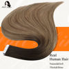 Picture of Full Shine Seamless Tape in Hair Extensions 20 Inch Full Head Remy Tape on Hair Shine Invisible Hair Extensions Color 2 Darkest Brown Fading To 6 And 18 Ash Blonde 50 Gram Tape Human Hair for Wedding