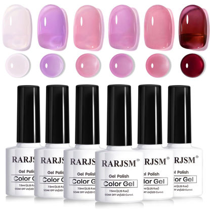 Picture of RARJSM Purple Pink Jelly Gel Nail Polish Set 6pcs Clear Crytal Glass Grape Purple Rose Pink Series Transparent Sheer Amber Milky Gel Varnish LED UV Curing Requires Soak off French Manicure Home Salon