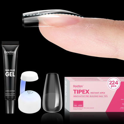 Picture of Beetles Tipex Gel Nail Kit Short Coffin Instant Apex Nail Tips, 224 Pcs Pre-Building&Pre-Etched Coffin False Nail Tips with Uv Nail Glue, LED Mini Nail Lamp-Thick Acrylic Nail Set for Flat Nails
