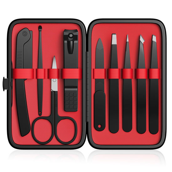 Picture of Yougai Tweezers and Nail Clippers Set,9 Pcs Professional Stainless Steel Tweezers Kit-Great Precision Tweezers with Curved Scissors and Eyebrow Razor for Daily Beauty Tools with Leather Travel Case