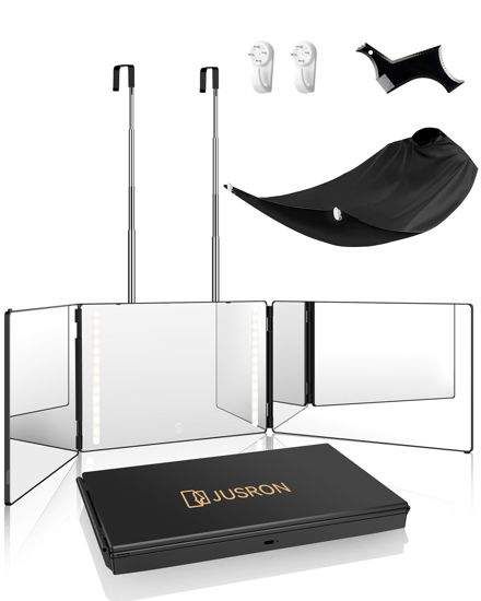 Picture of JUSRON 360 Viewing Angle Self Hair Cutting Mirror, Clear Anti-Fog HD Glass (Black with LED with Accessories)