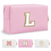 Picture of Personalized Initial A-Z Preppy Patch Makeup Bag,Small PU Chenille Letter Cosmetic Bag with Zipper for Teen Girls,Pink Cute Toiletry Organizer Bag,Monogram Makeup Case Gift for Women Girls,Letter L