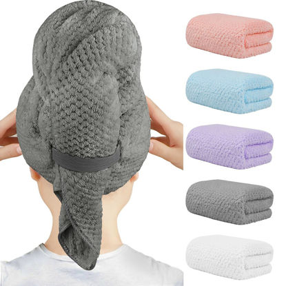 Picture of HOMEXCEL 5 Pack Microfiber Hair Towels - 40 x 20 inches Super Soft, Fast Drying Turbans for Long, Thick, Curly Hair - Anti Frizz Wrap with Elastic Strap