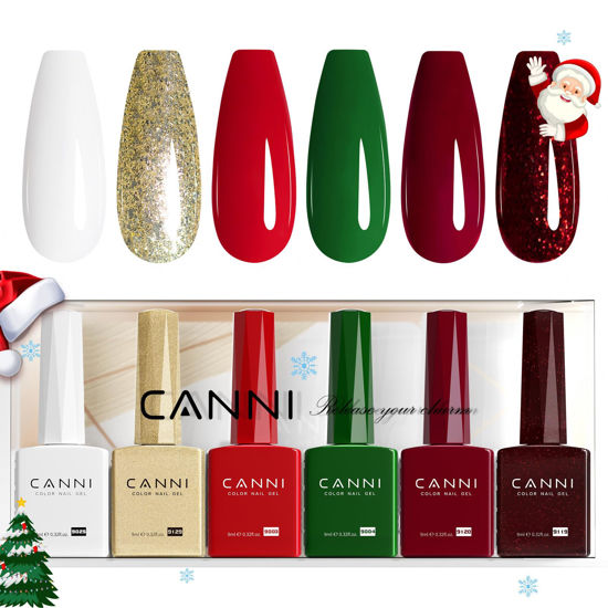 Picture of CANNI 6Pcs 9ml Gel Nail Polish Set- White Glitter Gold Emerald Green Burgundy Red Gel Polish Kit Christmas Colors DIY at Home Salon New Year's Gifts for Girls