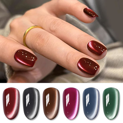 Picture of Born Pretty Cat Magnetic Eye Gel Nail Polish, Fall Winter Retro Cat Magnetic Gel, Pink Brown Blue Gray Green Magnetic Soak Off Nail Art Salon Manicure Home Gift 7ML 6PCS