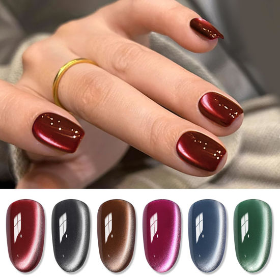 Picture of Born Pretty Cat Magnetic Eye Gel Nail Polish, Fall Winter Retro Cat Magnetic Gel, Pink Brown Blue Gray Green Magnetic Soak Off Nail Art Salon Manicure Home Gift 7ML 6PCS