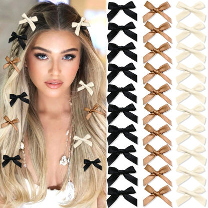 Picture of SAWINDA 30PCS Mini Hair Bows Beige Black Brown Small Bows for Hair Silky Satin Bows for Women Cute Hair Ribbon Bowknot Barrettes Sweet Alligator Hair Bow Clips Accessories for Teens and Girls