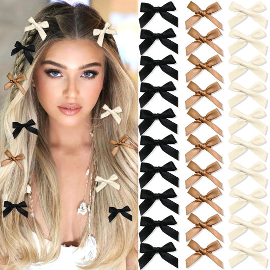Picture of SAWINDA 30PCS Mini Hair Bows Beige Black Brown Small Bows for Hair Silky Satin Bows for Women Cute Hair Ribbon Bowknot Barrettes Sweet Alligator Hair Bow Clips Accessories for Teens and Girls