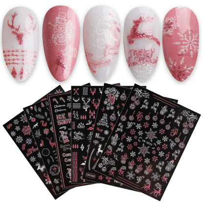 Picture of JMEOWIO 9 Sheets Christmas Glitter Nail Art Stickers Decals Self-Adhesive Pegatinas Uñas Snowflake Xmas Winter Holiday Pink White Nail Supplies Nail Art Design Decoration Accessories