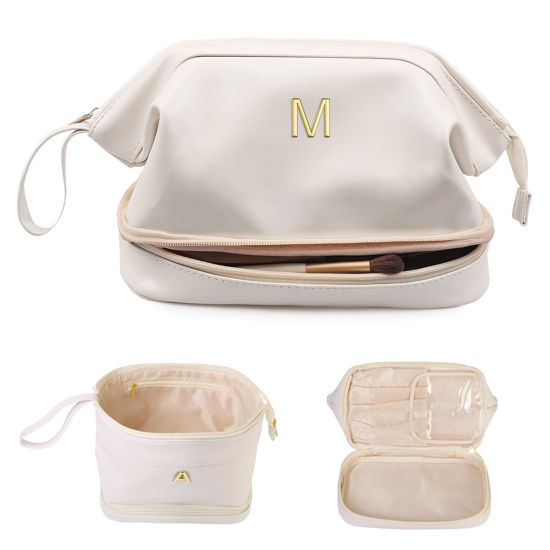 Picture of Vogewood Gifts for Women, Christmas Gift, Initial Large Makeup Bag, Personalized Double Layer Cosmetic Bag with Makeup Brush Organizer, PU Leather Travel Toiletry Bag,Bride Gift Monogrammed Gifts