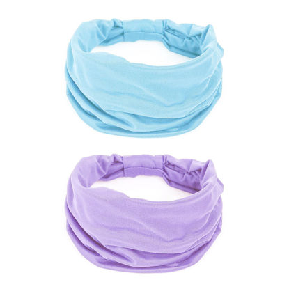 Picture of GiLi 2 Pack Wide Headbands for Women Boho Knotted Non Slip Fashion Hair Bands Yoga Running Sports Workout Gym Head Wraps Elastic Soft Cotton Cloth Turbans Bandana for Girls (Light Purple,Light Blue)