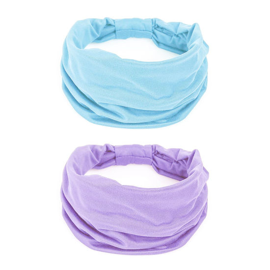 Picture of GiLi 2 Pack Wide Headbands for Women Boho Knotted Non Slip Fashion Hair Bands Yoga Running Sports Workout Gym Head Wraps Elastic Soft Cotton Cloth Turbans Bandana for Girls (Light Purple,Light Blue)