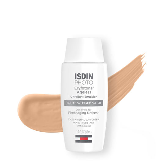 Picture of ISDIN Eryfotona Ageless Tinted Mineral Sunscreen for Face, SPF 50 Zinc Oxide Formula Helps Repair Sun Damage, 1.7 Fl.Oz. Travel-Size Tube, Water Resistant and Non-comedogenic