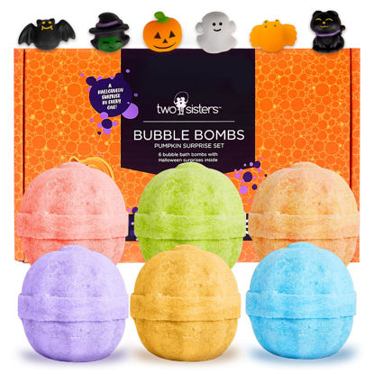 Picture of Halloween Bath Bombs for Kids with Surprise Halloween Toys Inside (6 Pack) - Large Pumpkin Spooky Bath Bombs for Boys & Girls - Made in USA, Boo Basket Stuffers Halloween Gifts for Kids by Two Sisters