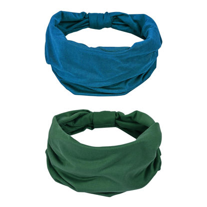 Picture of GiLi 2 Pack Wide Headbands for Women Boho African Knotted Non Slip Fashion Hair Bands Yoga Running Sports Workout Gym Head Wraps Elastic Soft Cotton Cloth Turbans Bandana for Girls (Dark Green, Teal)