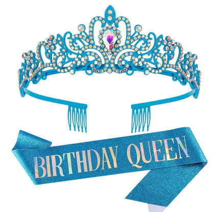 Picture of "Birthday Queen" Sash and Crystal Tiara Set Tiara and Crowns for Women COCIDE Birthday Gift for Girl Kit Decorations Set Rhinestone Hair Accessories Glitter Stain Silk Sash for Party