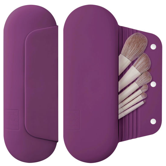 Picture of AGIKET Silicone Makeup Brush Holder Travel Cosmetic Bag：Soft Portable Cosmetic Face Brushes Holder with Upgrade Anti-Fall Out Magnetic Closure, Large Travel Makeup Brush Case - Dark Pruple