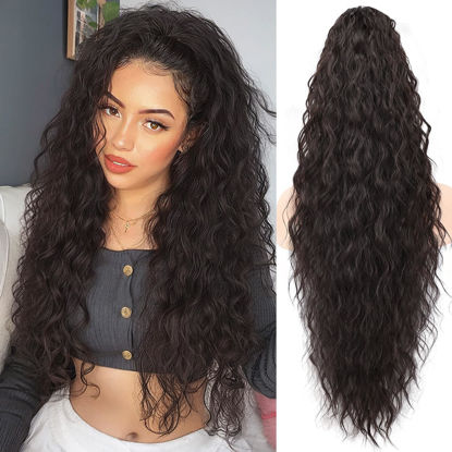 Picture of ORSUNCER Claw Long Wavy Ponytail Extension Black Brown 30" Curly Pony Tail Clip in Hair Extensions for Women Fluffy Natural Looking Synthetic Hairpiece for Daily Use