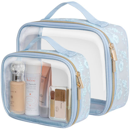 Picture of PACKISM Floral Texture Lace TSA Approved Toiletry Bag - 180° Large Opening Clear Makeup Bags in 2 Size, TSA Clear Toiletry Bag with Handle, 0.5 mm Thick Non-deformable No Smell, Blue