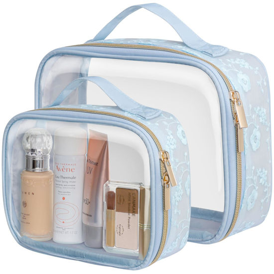 Picture of PACKISM Floral Texture Lace TSA Approved Toiletry Bag - 180° Large Opening Clear Makeup Bags in 2 Size, TSA Clear Toiletry Bag with Handle, 0.5 mm Thick Non-deformable No Smell, Blue