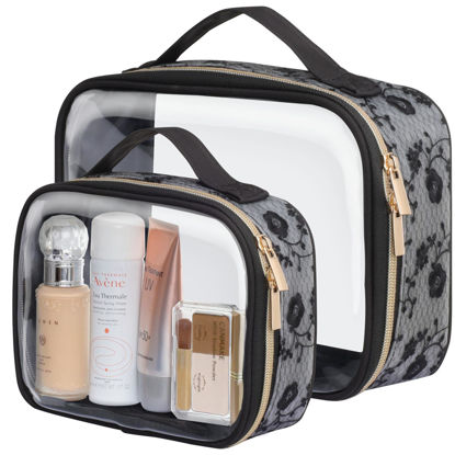 Picture of PACKISM Floral Texture Lace TSA Approved Toiletry Bag - 180° Large Opening Clear Makeup Bags in 2 Size, Clear Cosmetic Bags with Handle, 0.5 mm Thick Non-deformable No Smell, Black