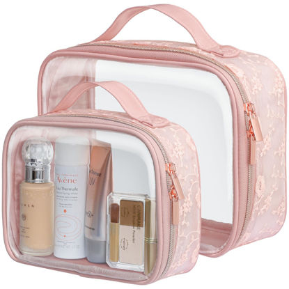 Picture of PACKISM Floral Texture Lace TSA Approved Toiletry Bag - 180° Large Opening Clear Makeup Bags in 2 Size, Clear Bags for Travel with Handle, 0.5 mm Thick Non-deformable No Smell, Pink