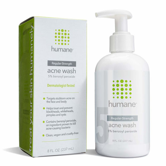 Picture of humane Benzoyl Peroxide Acne Body Wash - 5% Regular-Strength Acne Treatment for Face, Skin, Back and Body - 8 Fl Oz - Dermatologist-Tested Non-Foaming Cleanser - Vegan, Cruelty-Free