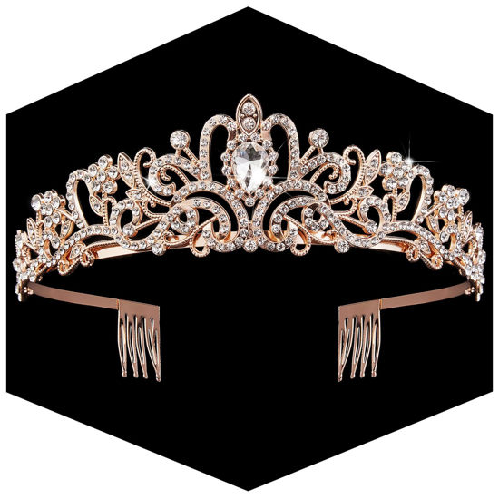 Picture of Rose Gold Crown for Women Crystal Princess Tiaras Rhinestone Queen Crowns Wedding Bridal Hair Accessories Birthday Prom Pageant Party Coming of Age Ceremony Photo Props (Rose Gold1)