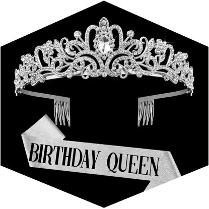 Picture of Silver Crown for Women Birthday Queen Sash & Rhinestone Tiara Set Birthday Decoration Rhinestone Headband Glitter Crystal Hair Accessories for Party(Silver1&Sash)