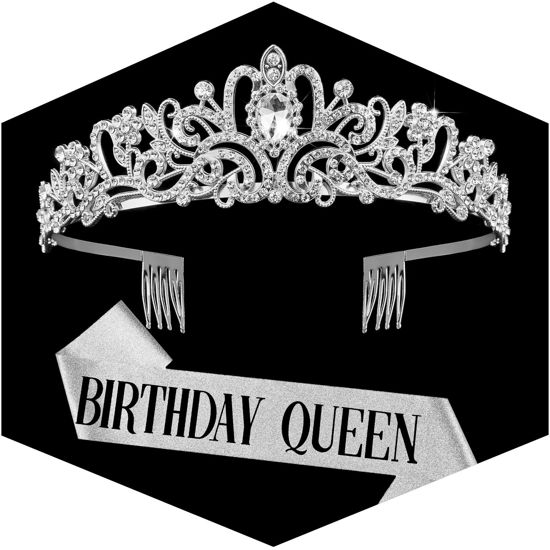 Picture of Silver Crown for Women Birthday Queen Sash & Rhinestone Tiara Set Birthday Decoration Rhinestone Headband Glitter Crystal Hair Accessories for Party(Silver1&Sash)
