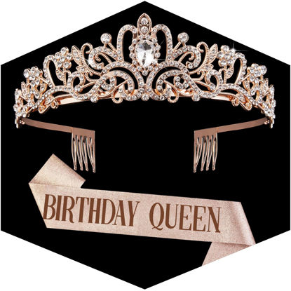 Picture of Rose Gold Crown for Women Birthday Queen Sash & Rhinestone Tiara Set Birthday Decoration Rhinestone Headband Glitter Crystal Hair Accessories for Party(Rose Gold1&Sash)