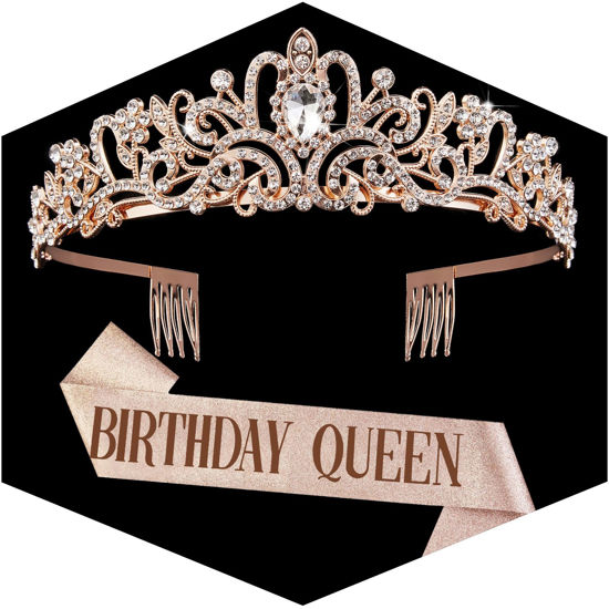 Picture of Rose Gold Crown for Women Birthday Queen Sash & Rhinestone Tiara Set Birthday Decoration Rhinestone Headband Glitter Crystal Hair Accessories for Party(Rose Gold1&Sash)