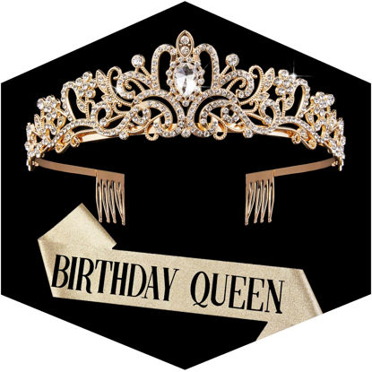 Picture of Gold Crown for Women Birthday Queen Sash & Rhinestone Tiara Set Birthday Decoration Rhinestone Headband Glitter Crystal Hair Accessories for Party(Gold1&Sash)