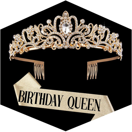 Picture of Gold Crown for Women Birthday Queen Sash & Rhinestone Tiara Set Birthday Decoration Rhinestone Headband Glitter Crystal Hair Accessories for Party(Gold1&Sash)