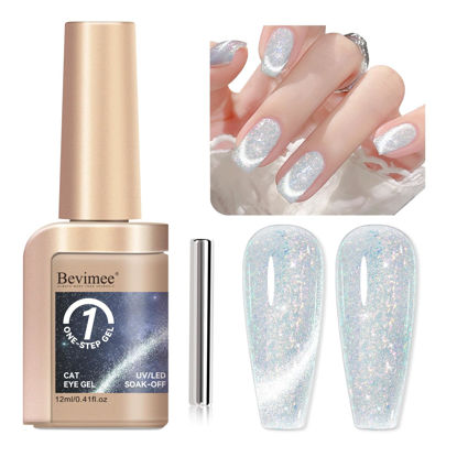 Picture of Bevimee Cat Eye Gel Nail Polish 12ML, 3 In 1 Step Holographic Cateye Gel Polish With Magnet, Silver Glitter Magnetic Crystal Ice Shimmer Nail Polish Gel Soak Off UV/LED Nail Art Design