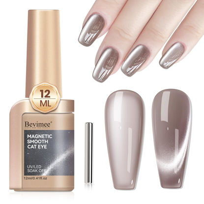 Picture of Bevimee Cat Eye Gel Nail Polish 12ML, Crystal Moonlight Cateye Gel Polish With Magnetic Stick, Magnetic Glitter Holographic Nail Polish Glass Diamond Cats Eye Velvet UV Gel for Nail Art Gray 1PC