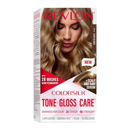 Picture of Revlon ColorSilk Tone + Gloss + Care Demi Permanent Hair Color, Hair Dye with Leave in Scalp and Hair Serum, 2x Shinier, 4x Stronger, 7 Dark Blonde, 4.5 fl. oz