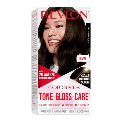 Picture of Revlon ColorSilk Tone + Gloss + Care Demi Permanent Hair Color, Hair Dye with Leave in Scalp and Hair Serum, 2x Shinier, 4x Stronger, 3 Brown Black, 4.5 fl. oz