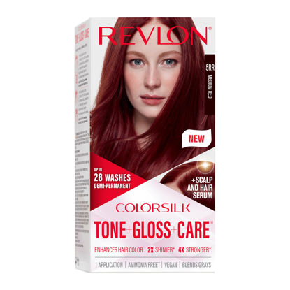Picture of Revlon ColorSilk Tone + Gloss + Care Demi Permanent Hair Color, Hair Dye with Leave in Scalp and Hair Serum, 2x Shinier, 4x Stronger, 5RR Medium Red, 4.5 fl. oz