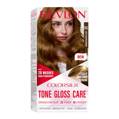 Picture of Revlon ColorSilk Tone + Gloss + Care Demi Permanent Hair Color, Hair Dye with Leave in Scalp and Hair Serum, 2x Shinier, 4x Stronger, 6G Light Golden Brown, 4.5 fl. oz