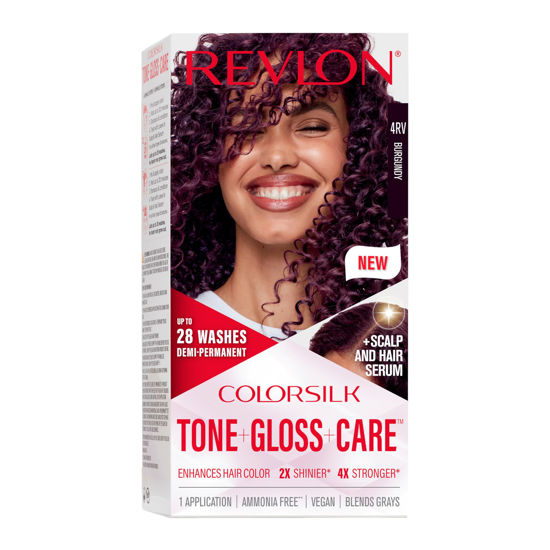 Picture of Revlon ColorSilk Tone + Gloss + Care Demi Permanent Hair Color, Hair Dye with Leave in Scalp and Hair Serum, 2x Shinier, 4x Stronger, 4RV Burgundy, 4.5 fl. oz