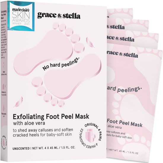 Picture of grace & stella Award-Winning Foot Peeling Mask - Foot Peel Masks with Aloe Vera- Moisturizing Foot Masks That Remove Dead Skin, Exfoliating Foot Mask for Dry Cracked Feet (4 Pairs, Unscented)