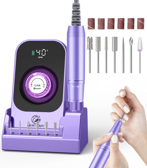 Picture of Portable Electric Nail Drill Machine: Professional Nail File Machine 40000RPM, Rechargeable Cordless Nail-E File with Bits & Base for Acrylic Nails Remove Gel Polish Manicure Salon Home, Light Purple