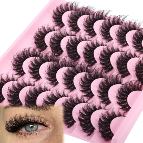 Picture of False Eyelashes Russian Strip lashes zanlufly Cat Eye Eyelashes Faux Mink Lashes D Curl Fluffy Fake Lashes Look Like Extension Eyelashes Long Strip Wispy 14 Pairs Lashes