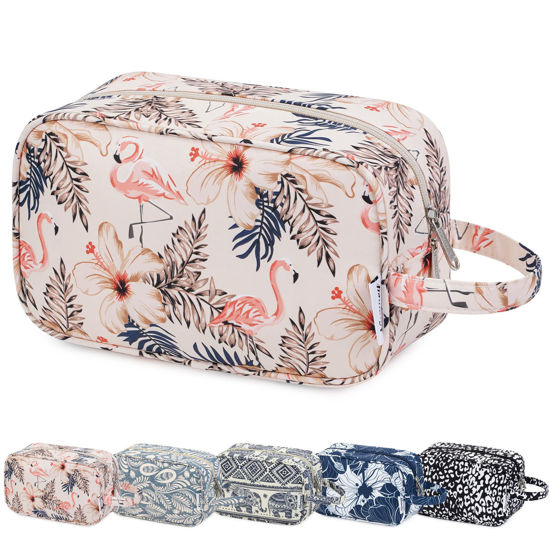 Picture of Narwey Travel Toiletry Bag for Women Traveling Dopp Kit Makeup Bag Organizer for Toiletries Accessories Cosmetics (Beige Flamingo)