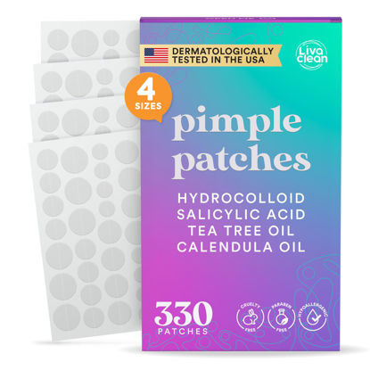 Picture of LivaClean 330 CT Pimple Patches for Face w/Salicylic Acid, Tea Tree Oil & Calendula Oil - Four Sizes - Pimple Patch, Hydrocolloid Patch, Acne Patches for Face