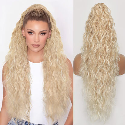 Picture of ORSUNCER Ponytail Extension Claw 30" Curly Pony Tail Clip in Claw Hair Extensions Fluffy Natural Looking Synthetic Hairpiece for Women Omber Light Blonde