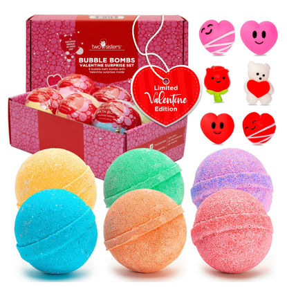 Picture of Valentines Bath Bombs for Kids with Surprise Heart Toys Inside (6 Pack) - Perfect Valentines Day Gifts for Kids & Women - Bubble Bath, USA Made, Kids Safe Ingredients, Fruity Scents by Two Sisters