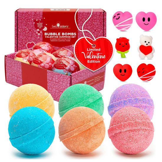 Picture of Valentines Bath Bombs for Kids with Surprise Heart Toys Inside (6 Pack) - Perfect Valentines Day Gifts for Kids & Women - Bubble Bath, USA Made, Kids Safe Ingredients, Fruity Scents by Two Sisters